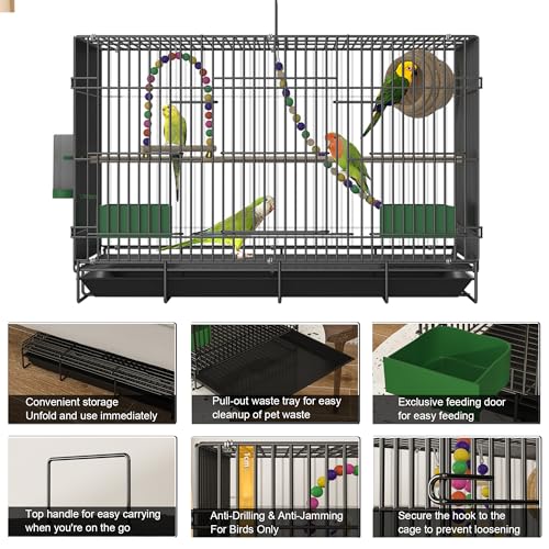 20-inch Bird Cage,Foldable Medium Small Parrot Parakeet Bird Cages for Parrots Canaries Cockatiels Lovebirds Finches Budgies Conures Pet Metal Birdcage with Slide-Out Tray and 4 Pcs Bird Toys