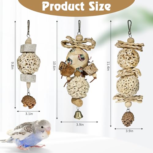 BNOSDM Hanging Bird Toy Sola Balls 3PCS Parrot Shredder Balls Natural Parakeet Foraging Toy Wood Bird Cage Chew Toys for Cockatiel, Budgie, Sun Conure, Quakers, Lovebirds (A) - color: White