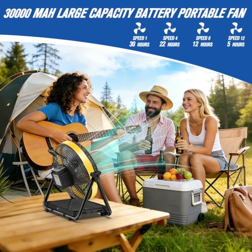 10 Inch Solar Powered Outdoor Fan with 10W Detachable Solar Panel | Built-in Rechargeable Battery, Dual Wind Speed & 360° Adjustable Tilt for Camping, Travel Tent, Greenhouse - color: 10" Yellow Black
