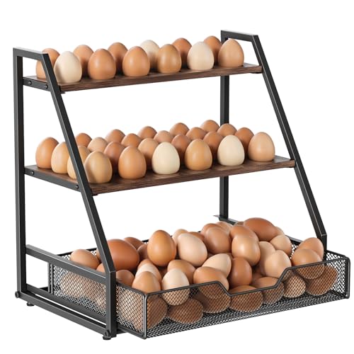 3-Tier Wooden Egg Holder with Basket, Holds 130+ Eggs | Sturdy wooden egg holder, holds 36+90 eggs, carry handle for easy gathering & transport. - size: 3 Tiers