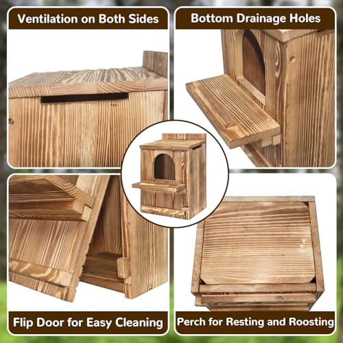 Large Owl House with Wood Shavings, Carbonized Pine Wood Nesting Box | Outdoor Owl Nesting Box with Ventilated Design and Easy Cleaning Access for Barred Owls, Screech Owls and Backyard Wildlife