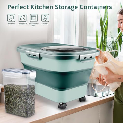 Rice Storage Containers, Collapsible 20 to 30Lbs Food Storage Bin Dispenser with Rolling Wheel and Clear Airtight Lid, BPA Free Flour, Sugar, Cereal and Dog Cat Pet food Containers - color: Green