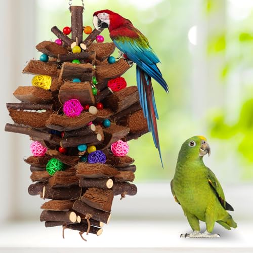 Kyouki Bird Toy for Parrots，Cockatiels, Budgies, Conures, Macaws, Lovebirds, Amazons and Other Small/Medium/Large Birds - Chewable & Shreddable Natural Coconut Husk Enrichment Toy (Large) - size: Large Standard