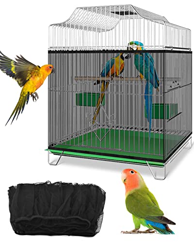 Bissap Bird Cage Seed Catcher, Universal Birdcage Net Nylon Adjustable Elastic Band Stretchy Skirts Mesh Cover for Parrot Cage Seed Guard (Not Include Birdcage)- Black - color: Black