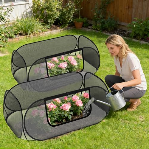 2-Pack Raised Garden Bed Covers, 45" x 22" x 17" Mesh Crop Cage, Pop-Up Plants Cover with 30% Shade Cloth for Seedlings Vegetables Fruits Flowers, Protects Against Birds Animals Pests with 16 Stakes - color: 2pack-black