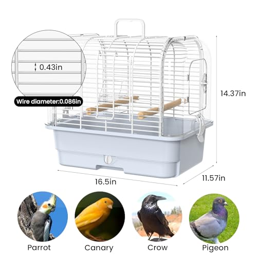 Travel Bird Carrier Cage,Parakeet Portable Cage with Feeder Cup & Standing | Transparent Small Bird Cage,Side-Opening Double Doors,Top Handle,4.9-inch Pull-Out Raised Chassis,Easy to Install