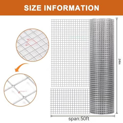 Hardware Cloth 1/2 inch 24inx50ft 21GA, Hot-dip Galvanized After Welding Chicken Wire Fencing, Poultry Farming, Garden Fence,DIY Production, Tree Protection, Groundhog-Proof, Rabbit Wire. - size: 24inx50ft