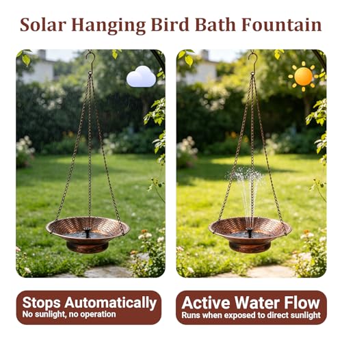 12.6" Hanging Solar Bird Bath Metal for Outside Bronze | Hanging Bird Bath with Solar Fountain, Hanging Birdbath Bubbler for Outdoors Backyard Patio Garden Decor - color: Bronze
