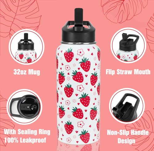 Strawberry Water Bottle with Straws Double Walled Vacuum Insulated Sports Bottle Strawberry Travel Thermal Cup Leak Proof Stainless Steel Tumbler Strawberry-theme Decor Gifts-32 oz - color: red strawberry