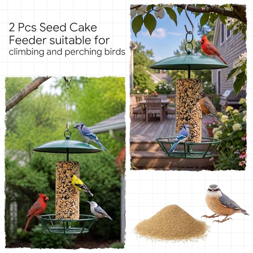 2 Pcs Cylinder Bird Feeder Outdoor Seed Cake Feeder Metal Suet Cake Holder Backyard Wild Birdfeeding Bird Feeders for Outdoors Garden (Dark Green) - color: Dark Green