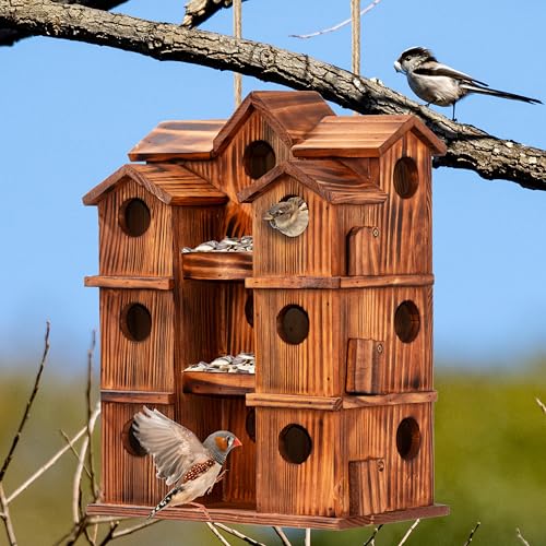 MIXUMON Wooden Bird Houses for Outside – 15 Rooms Multi-Chamber Bird House, Carbonized Pine Rustic Finish, 1.57" Entrance Holes, Individual Cleaning Doors, Decorative Outdoor Bird Nesting Box