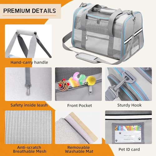 17" Soft Cat Carrier with Shoulder Strap for Travell, Light Grey | TSA compliant fits under seat, soft-sided lightweight, breathable, top/side entry with zippers,collapsible food bowl - color: LightGrey