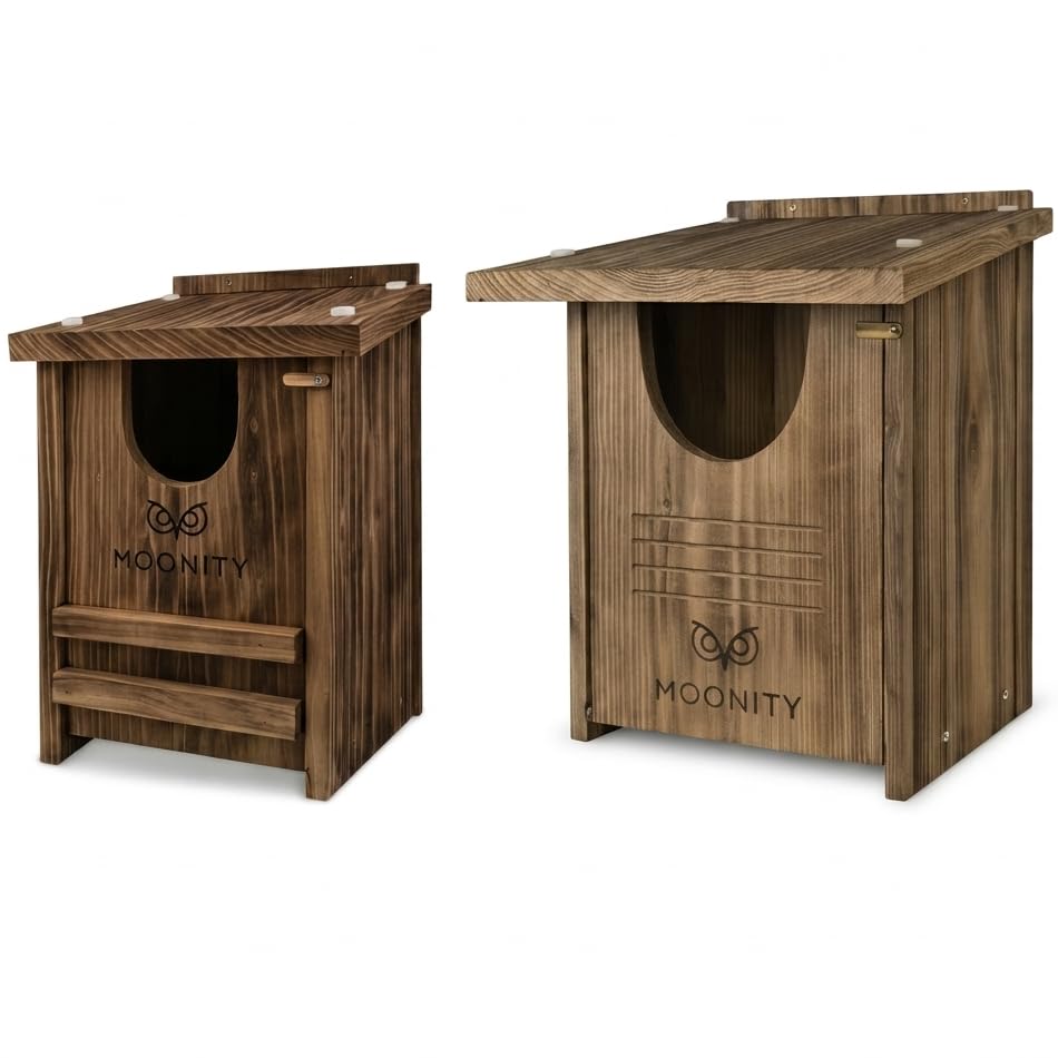 MOONITY Fire-Treated Cedar Owl House Bundle – 16"x12"x12" & 14"x9"x9" Nesting Box Set for Barn, Screech, Kestrel & More – Weatherproof, Predator-Safe & Easy to Install