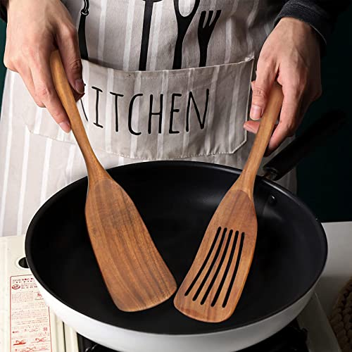 Non Toxic Wooden Spatulas for Kitchen Utensil Set Acacia Wood Cooking Spoon | Flat Wok Pancake Spatula Slotted Turner Bamboo Spoon for Cooking Utensil Spurtle Scraper Long Fish Egg Flipper Spatulas - color: 2Pcs-Natural
