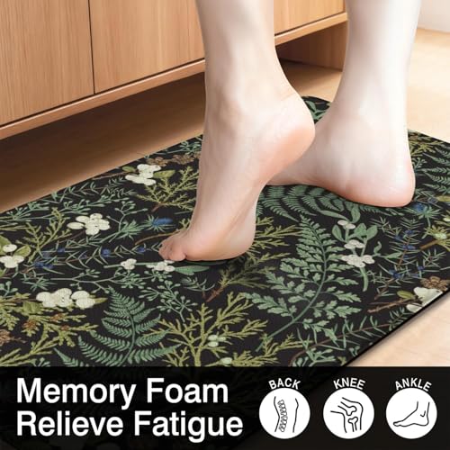 Green Botanical Anti Fatigue Kitchen Rugs, 17.3"x47"+17.3"x29" | Non Slip Comfort Washable Waterproof Fern and Leaves Floor Kitchen Decor Mat, Floral rug Set of 2 for Home, Sink, Laundry - color: Green Botanical