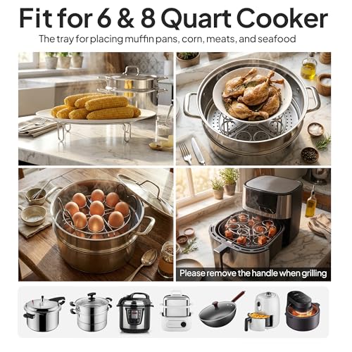 Stackable Egg Steamer Rack Holds 18 Eggs with Handles, Stainless Steel Instant Pot Trivet Fits 6qt/8qt Pressure Cooker, 2-in-1 with Skewers for Grilling