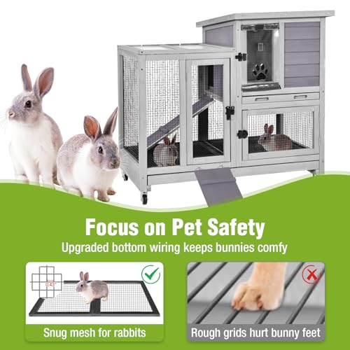 2-Story Rabbit Hutch Indoor Bunny Cage Outdoor Guinea Pig House with Wire Mesh Floor, Leak-Proof Trays, Lockable Wheels for Rabbits, Guinea Pigs, 40.6" L x 26" W x 37.6" H