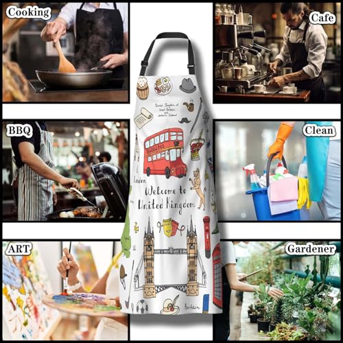 Barista Apron Women London Elements British Symbols Fun Aprons for Men for Kitchen Cooking Restaurant BBQ Painting Crafting Gardening 27” (W) x 31” (H), Waterproof Apron - color: London Elements Symbols