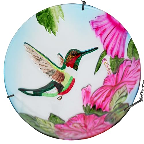 Alpine Corporation KBD150 Outdoor Hanging Glass Bird Feeder and Birdbath, Floral and Hummingbird Design with Chain, 10" W, Red/Green - style: Floral and Hummingbird