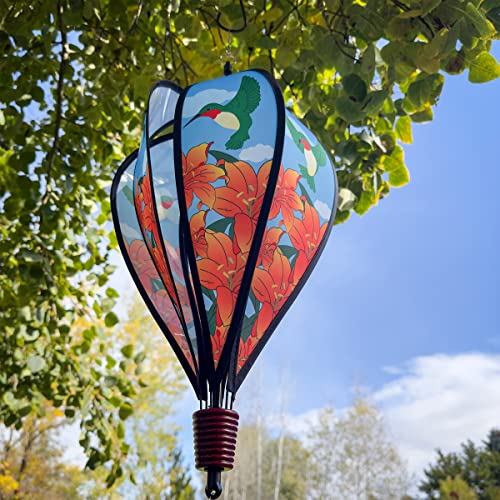 In the Breeze Hummingbird Lily 6-Panel Kinetic Hot Air Balloon Wind Spinner,11" W x 17" H, 26" Tail,1059 - color: Hummingbird Lily