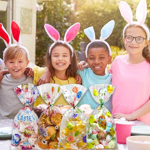 QOIUSO 100pcs Easter Treat Bags: Clear Easter Cellophane Bags for with Twist Ties for Candy Goodie Cookies Sweet and Gifts Packaging - 4 Style Plastic Party Favors Bags - color: Easter-100pcs