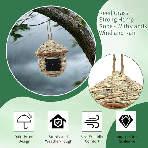 GUTE Hummingbird Houses 2Pcs Hand Woven Grass Hanging Bird Nest | Natural Grass,Hand-Knitted,Sturdy Shelter,Ventilated Cozy Design,Blends in Trees,Easy to Hang,Garden,Window. - color: Mushroom Shape, size: 2Pack