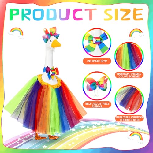 Abbylike Rainbow Porch Goose Outfit Pride Goose Outfit LGBTQ Lawn Geese Costume Clothes with Bow Headband and Tie Fits 23" Cement Geese Statue for Pride Month Outdoor Garden Yard Patio Art Decor - style: Halloween Rainbow