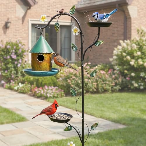 VINGLI 74.8" H Metal Bird Bath with Bird House, Outdoor Bird Bath with Stakes, 3-in-1 Bird Feeder for Patio, Garden, Yard, Lawn (Hanging Bird House)