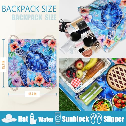 Sea Turtle Beach Towel Bag - Summer Multi-Functional Microfiber Beach Blanket Flower Printed Drawstring Bag for Travel - color: Summer Turtle Blue