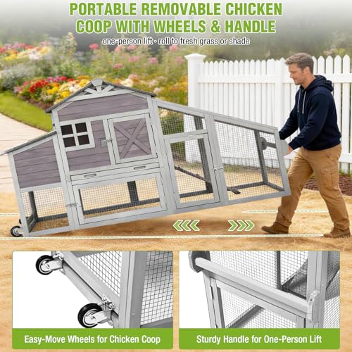 GUTINNEEN Chicken Coop with Wheels for 2-4 Chickens, Large Wooden Outdoor Hen House with Run, Waterproof & UV-Resistant Roof, Removable Leakproof Tray and Divided Nesting Box– Grey - color: (Grey-AIR32)