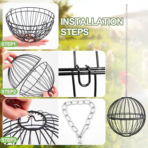 4 Pack Hanging Chicken Feeders for 10+ Chicken, 7.5 Inch Iron Rodent-Proof Duck Treat Dispenser Balls with 17.7 Inch Adjustable Hanging Chain for Feed and Toys, Weatherproof & Easy Install
