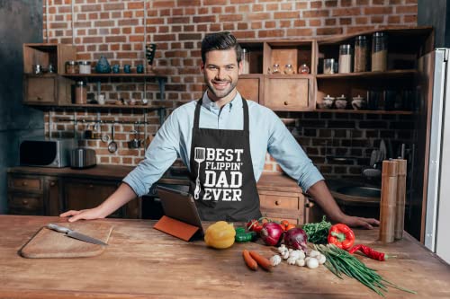 VAGAVY 100% Cotton, Black Funny Aprons for Men, Dad, Husband - Birthday, Father’s Day Grilling Gifts for Papa, Husband. - color: Best Flippin' Dad Ever