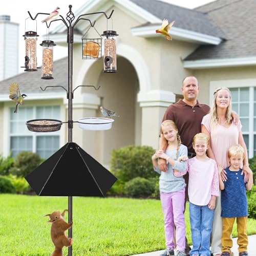 YINGYM 6-Hook Bird Feeding Station with 19" Metal Squirrel Baffle, 94 Inch | Heavy Duty Bird Feeder Stand Pole with 4 Bird Feeders, Baffle Guard for Patio, Lawn and Garden, Attracting Wild Birds - size: 94 Inch with Squirrel Baffle