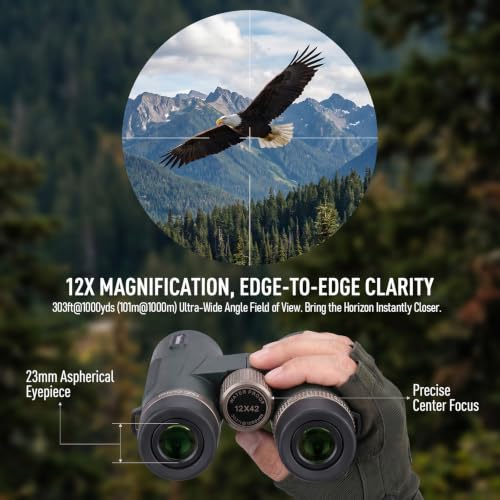 12x42 ED UHD Binoculars for Adults, High Power Binoculars with Phone Clip, BAK4 Prism FMC Coating, IP67 Waterproof Fogproof, Low Light Vision Bird Watching Hunting Sports Stargazing Cruise