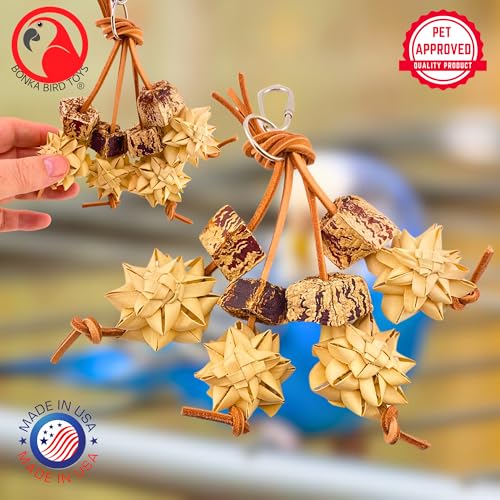 Bonka Bird Toys 1056 Palm & Pod Forage Cluster 5" x 3" Natural Mahogany Pods Palm Flowers Leather Strands for Parrotlets Budgies Lovebirds Small Parrots Cage Enrichment