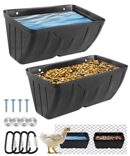 Chicken Feeder, 2 Pack, Poultry Feeders and Waterers, Hanging Goat Feeder, Livestock Fence Feeder, Feed Trough and Waterer Bucket with Clips, Black - color: 2 Pack Black