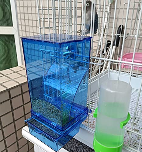 kathson No-Mess Bird Cage Feeder Automatic Parrot Feeders Seeds Container Acrylic Finch Foraging Feeders Parakeet Food Dispenser Cage Accessories for Small Birds Canary Budgie Lovebirds - color: Blue