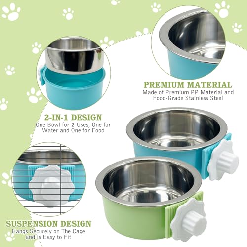 Tfwadmx 4 Pcs Crate Dog Bowl Cat Removable Stainless Steel Food and Water Feeder Hanging Cage Bowls Coop Cup with Cleaning Set for Pet Puppy Bird Rat Guinea Pig Ferret Bunny Rabbit (Light Blue&Green) - color: Light blue, light green (4 PCS)