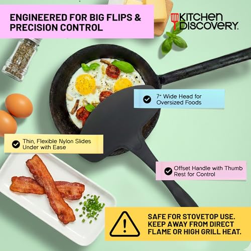Flexible Extra Wide Spatula – Kitchen Discovery – 7 Inch Wide Egg Flipper Pancake Turner for Fried Eggs, Pancakes, Omelets, and Fish – Cooking Nylon Spatula for Nonstick Cookware