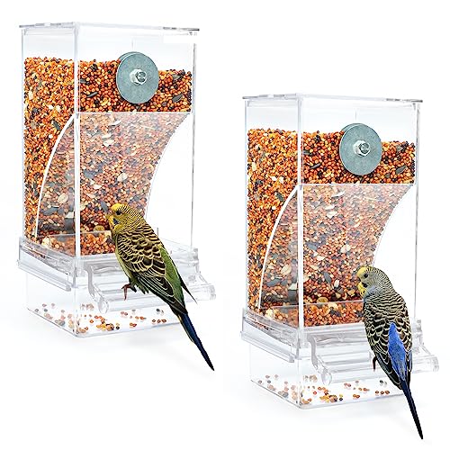 Rypet 2 Pack No-Mess Automatic Bird Feeder, Parakeet Cage Accessories | 16 oz Seed Capacity, Transparent Acrylic Food Level Check, Helps Reduce Seed Scatter, for Cockatiel Parrot Cockatoo Canary - color: Transparent-2 PCAK