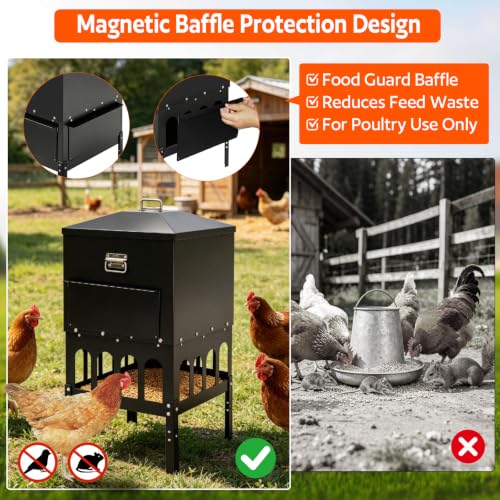 16-Ports Large Chicken Feeder with Grille & Baffle, No Waste Feeder | 80-100LBS Gravity Automatic Feeder with Sloped Roof Lid, Rainproof Heavy-Duty Poultry Feeder for All Poultry
