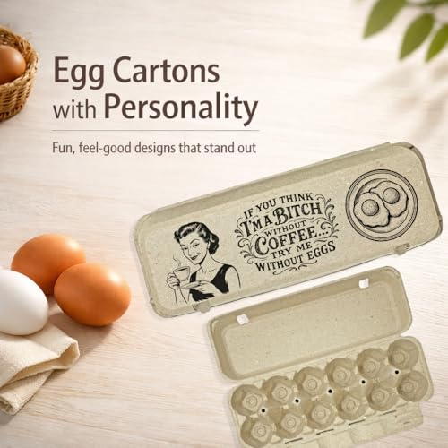 Funny Retro Egg Carton – “Coffee & Eggs” Vintage Humor Design, Holds 12 Eggs, Eco-Friendly Molded Fiber Dozen Carton for Farm Stands & Backyard Chickens - 12 Pack