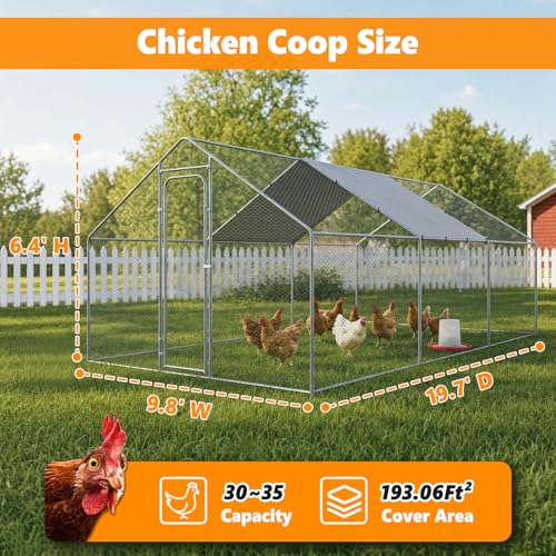 Metal Chicken Coop with Waterproof Pitched Roof, 19.7×9.8×6.4ft | Thickened Steel Frame, Predator-Proof Wire, Weatherproof & UV Resistant Cover, Detailed Assembly Guide & Tool Kit - size: 236.4"L x 118.1"W x 76.8"H