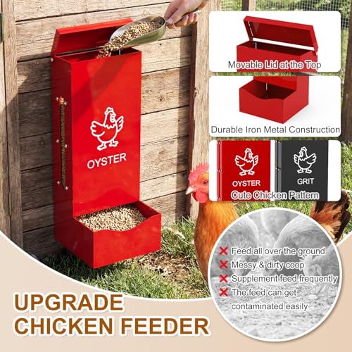 2 Pack Chicken Grit Oyster Shell Feeder, Metal Gravity Feeder with Lid | Wall Hanging Chicks Food Dispenser Chicken Coop Accessories for Hens Ducks Pigeons, Red+Black - color: Red + Black