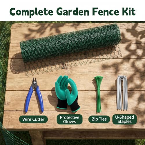 16in x 33ft PVC Coated Chicken Wire Mesh Fence | Garden Fencing Netting & Plant Protectors from Animals Kit with 100 Zip Ties, 30 U-Stakes, Gloves & Pliers for Vegetables - size: 33Ft x 16In