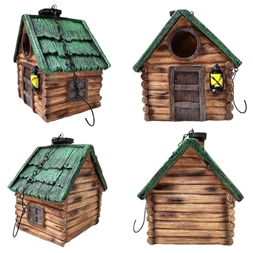 Bird Houses for Outside, with Hanging Chain, Wood-Look Resin Waterproof | Practical Birdhouses for Outdoors, Decorative Bird Cage, Garden Decor for Hummingbird, Bluebird, Cardinal and Other Bird - style: Wood-Look