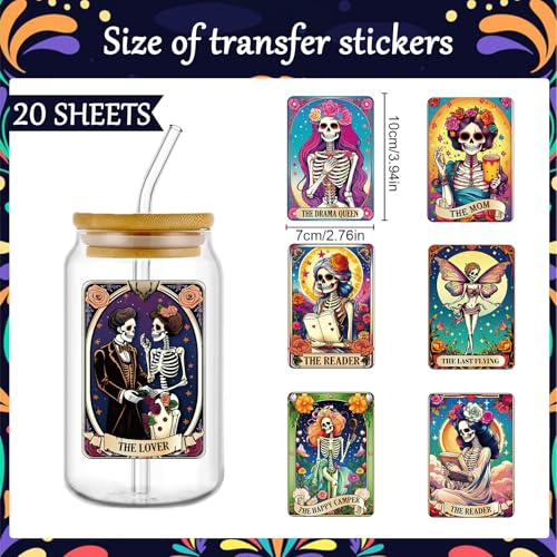 Rngmsi 20 Sheets Skull Gothic UV DTF Cup Wrap Cold UV DTF Transfer Stickers | Skeleton Uvdtf Decals, for 16 oz Glass Cups Mugs Tumblers, Waterproof, DIY Crafts, 3.1x3.1 in - style: Gothic Skeleton