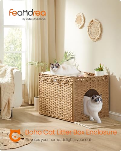 Feandrea Cat Litter Box Enclosure, Handwoven Rattan Hidden Furniture | Extra Litter Mat, Removable Washable Tray, Boho Cat House, End Table, Goose Yellow UPCL014K01 - color: Goose Yellow, size: M (27.5" L x 20.5" W x 22" H)