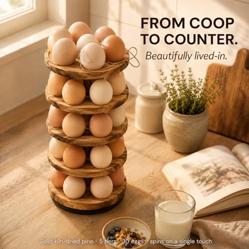 Wooden Egg Holder Countertop, 5 Tier 360° Rotating Fresh Eggs Storage Rack with 30 Slots, Pine Stackable Farmhouse Tower, Space-Saving Kitchen Organizer for Chicken Duck Easter - color: 30 Eggs - 5 Tier Round