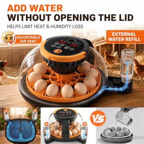 12-Egg Incubator for Hatching Chicken Eggs with WiFi Camera and Auto Turner | Built-in egg candler, temperature and humidity control, app monitoring and 8GB microSD for duck, quail and pigeon eggs.